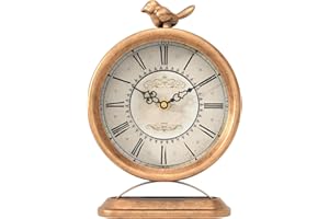 ChimeTide Vintage Table Clock with Bird, European Antique Style Gold Mantel Clocks, Desk and Shelf Decor Clock, for Farmhouse, Bedside, Living Room, Bedroom, Gift (9" H x 6.5" W)