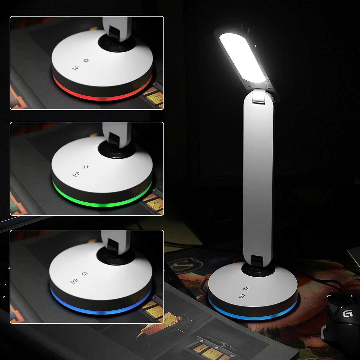 CHISONY New Design Led Desk Lamp Eye-care Rechargeable Touch Led Lamps Built-in 1500mah Rechargeable Battery（180° Foldable/Touch Control/Dimmer /7Colors Atmosphere) (white base) [Energy Class A+++]
