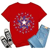 Oxryal American Flag Shirt Women USA Firework Patriotic Print T-Shirts 4th of July Tee Tops