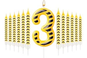 AXBMM 13 Pcs Construction Themed Birthday Candles Set 12 Yellow and Black Number 3 Candle Cake Topper for Construction Party Decoration Supplies (Number 3)