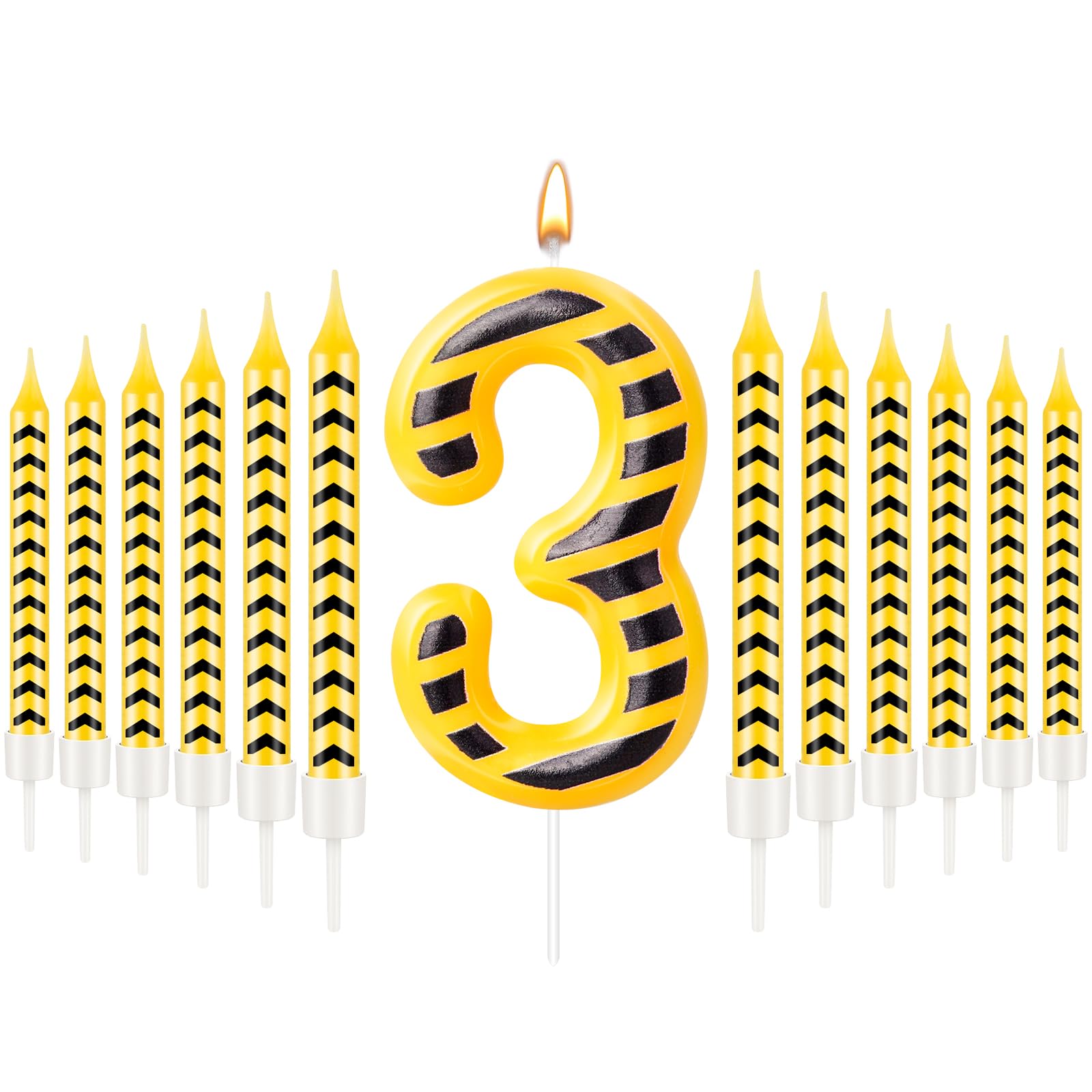 Photo 1 of 13 Pcs Construction Themed Birthday Candles Set 12 Yellow and Black Number 3 Candle Cake Topper for Construction Party Decoration Supplies (Number 3)
