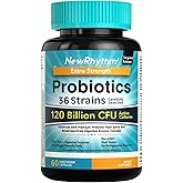 NewRhythm Probiotics 120 Billion CFU 36 Strains, 3-in-1 Probiotics with Prebiotics & Enzymes, Probioticos for Women & Men, Vegan Targeted Release Supplement, 60ct