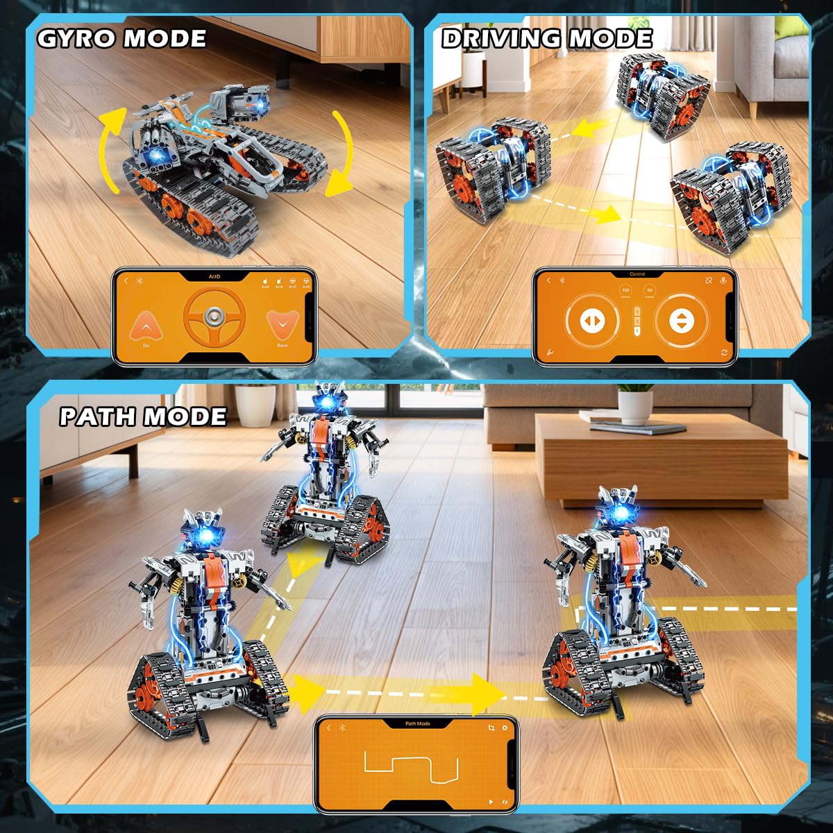 PLAXSOON Technik Bauspielzeug mit LED Lichtern, 5-in-1 App- & Fernsteuerung Panzer Roboter Klemmbausteine, 604 Teile RC Technic Baukasten, STEM Lernspielzeug Geschenk für Kinder Jungen ab 8-12 Jahre 5