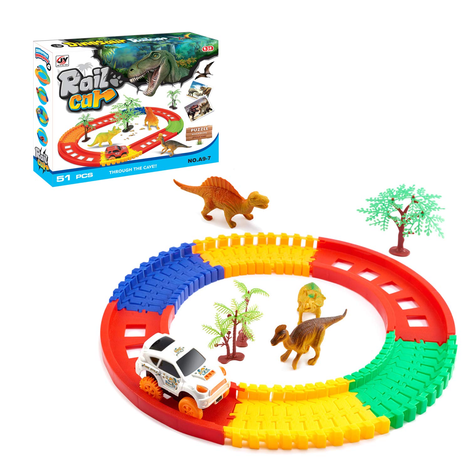 iLifeTech Dinosaur Race Track Car Toys Flexible Track Sets for 3-12 Years Old Boys and Girls Gift (51pcs)