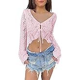 Saodimallsu Womens Crochet Crop Tops Tie Front Bell Long Sleeve Cardigan V Neck Lightweight Knit Shrug Sweaters