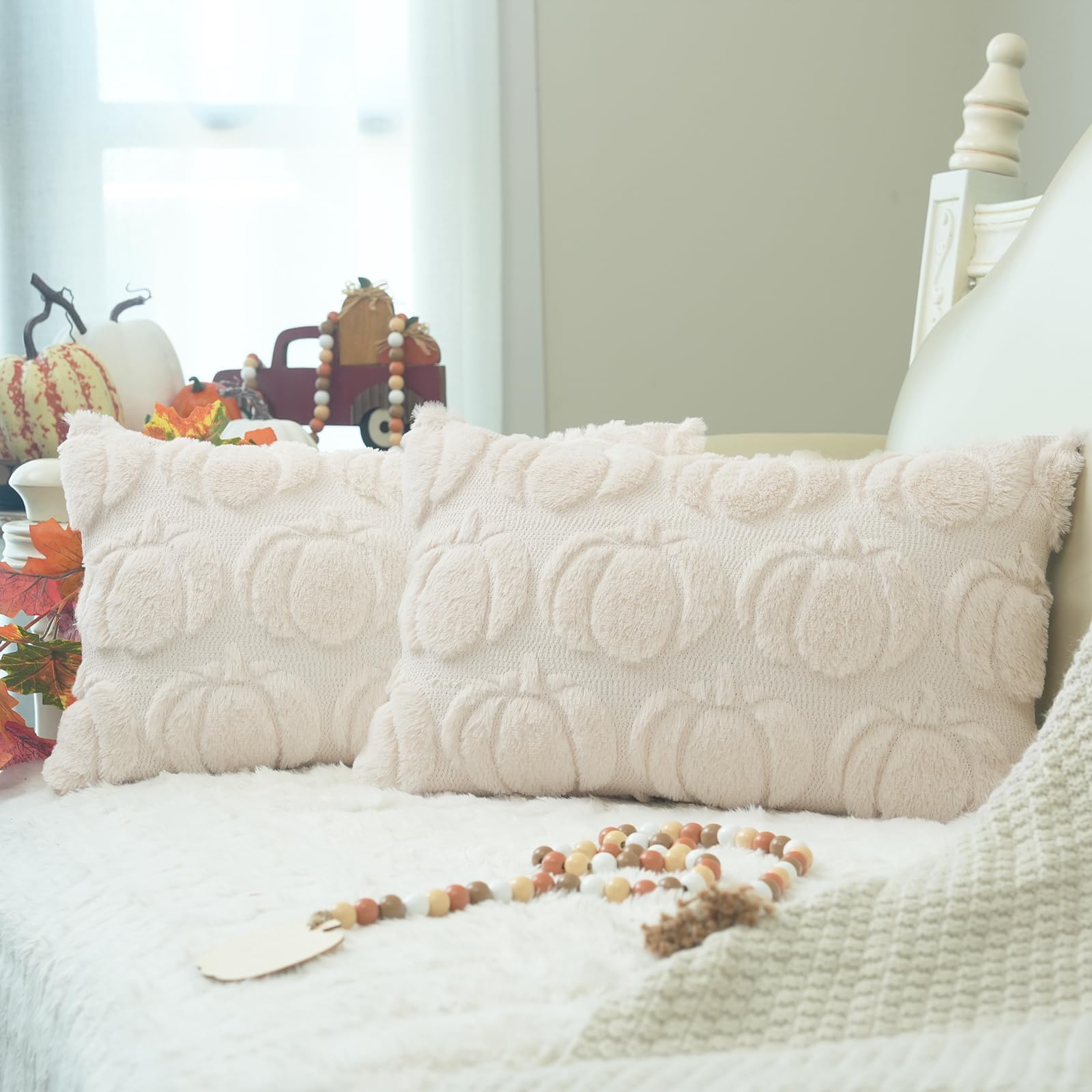 Photo 1 of GEEORY Fall Pumpkins Soft Plush Pillow Covers, 12 x 20 Inch Set of 2, Fluffy Faux Fur Wool Decorative Farmhouse Cushion Case for Sofa Home Decoration Beige Pumpkin GC020-12