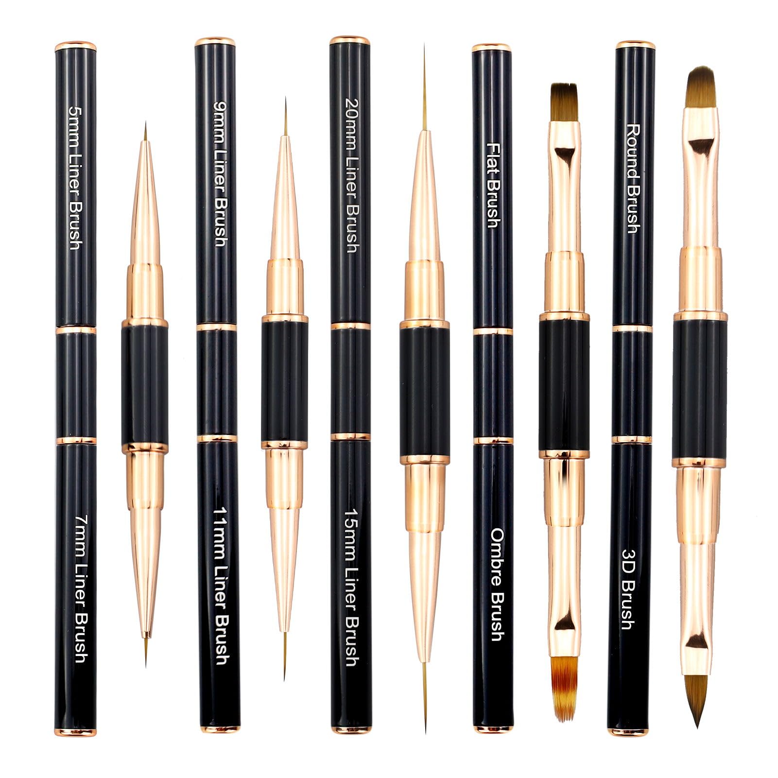 5 Pcs Professional Nail Art Brush Set - Dual-ended, Acrylic Dust, Fine Line Brushes for Gel Polish DIY Design (Black & Gold)