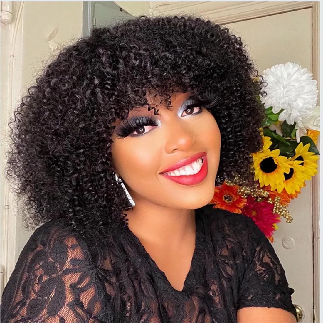 Photo 1 of PECWU Afro Kinky Curly Wig Human Hair with Bangs Jerry Curly Human Hair Wig Burmese Curly Afro Kinky-Curly Human Hair Glueless Wear and Go for Black Women 12“