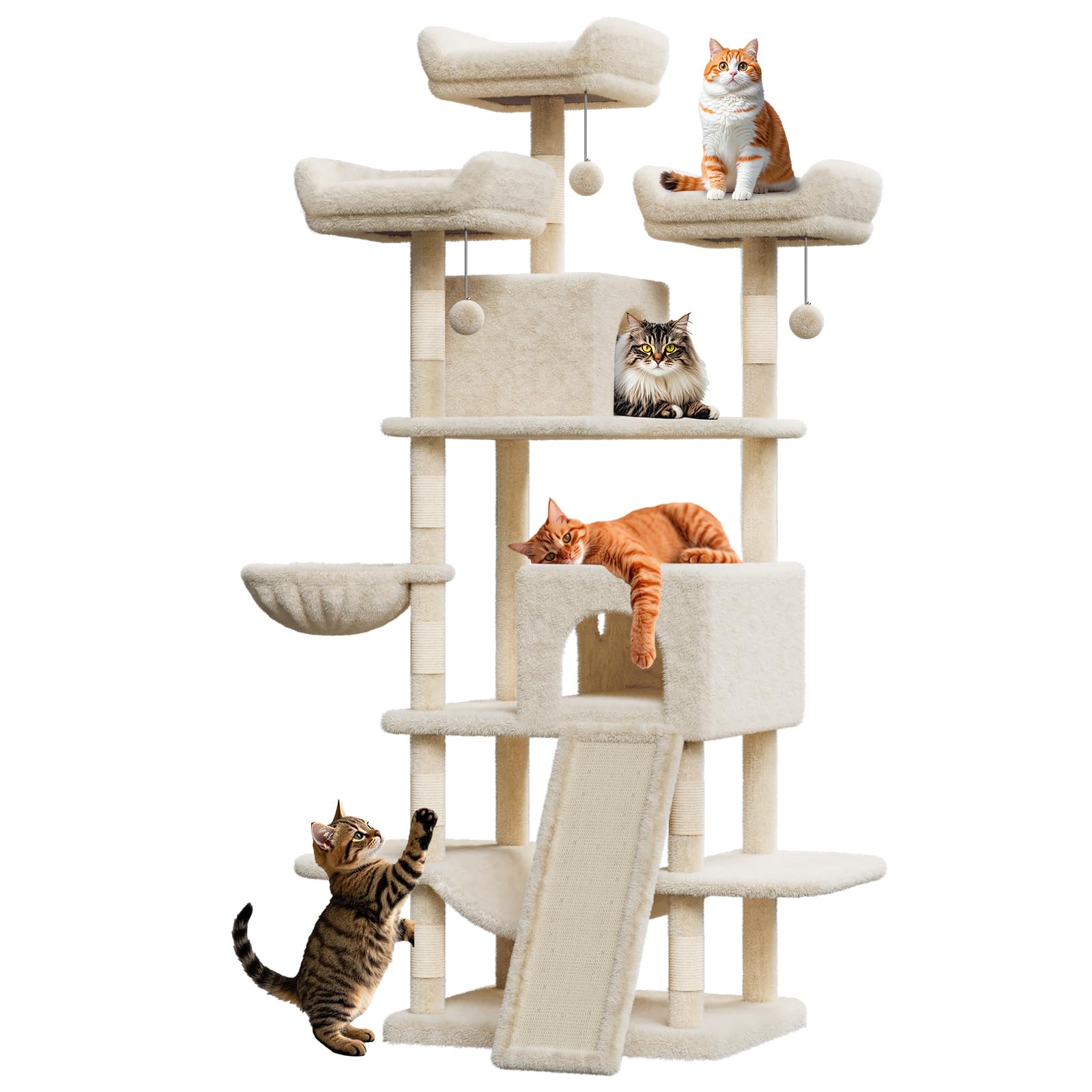 Photo 1 of 68.5-Inch Multi-Level Cat Tree for Indoor Cats Large Adult Heavy Duty Cat Tower for Large Cats with 2 Condos/Plush Perches/Sisal Scratching Posts/Hammocks/Basket/Dangling Balls, #2605 Beige