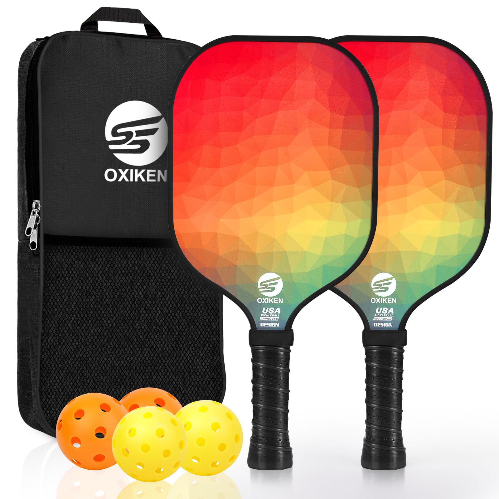 OXIKEN Pickleball Paddles Set of 2, USAPA Approved Carbon Fiber Pickle Ball Paddle (CHS), Polypropylene Honeycomb Core, Anti Slip Sweat Absorbing Grip, 2 Outdoor Pickleball, 2 Indoor Pickleball, Bag