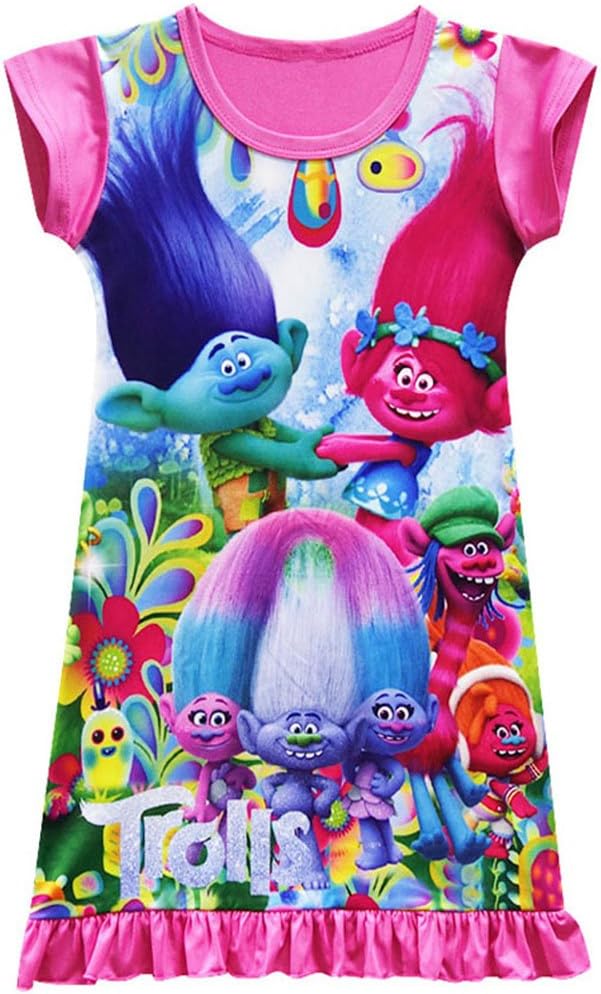 KIDHF Trolls Comfy Loose Fit Pajamas Girls Printed Princess Dress (Rose,100/3-4Y)