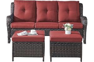 Rilyson 3 Piece Wicker Patio Furniture Set - Outdoor Rattan Patio Comversation Set with 1 Sofa and 2 Ottomans for Outside Porch Deck Garden(Brown/Red)
