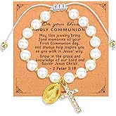 Mikovivi First Holy Communion Bracelet, Baptism Gift Virgin Mary Pearl Beads Bracelet with Cross Charm Adjustable Rope Catholic Confirmation Jewelry for Goddaughter Women