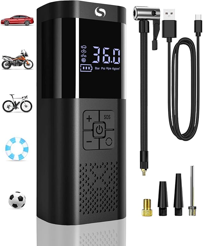 Compressor de ar portátil, insuflador de rodas de carro, compressor de ar mini com manómetro, insuflador elétrico de 150 PSI, acessórios para automóveis, com luz LED para bola de bicicleta de motocicleta — foto 1 de 7