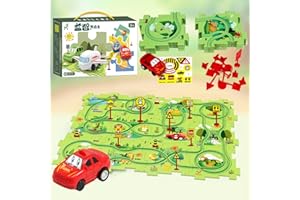 ROUSKY 2024 New 25PCS Children's Puzzle Track Car Game Set, DIY Assembly Electric Trolley for Kids (Forest)
