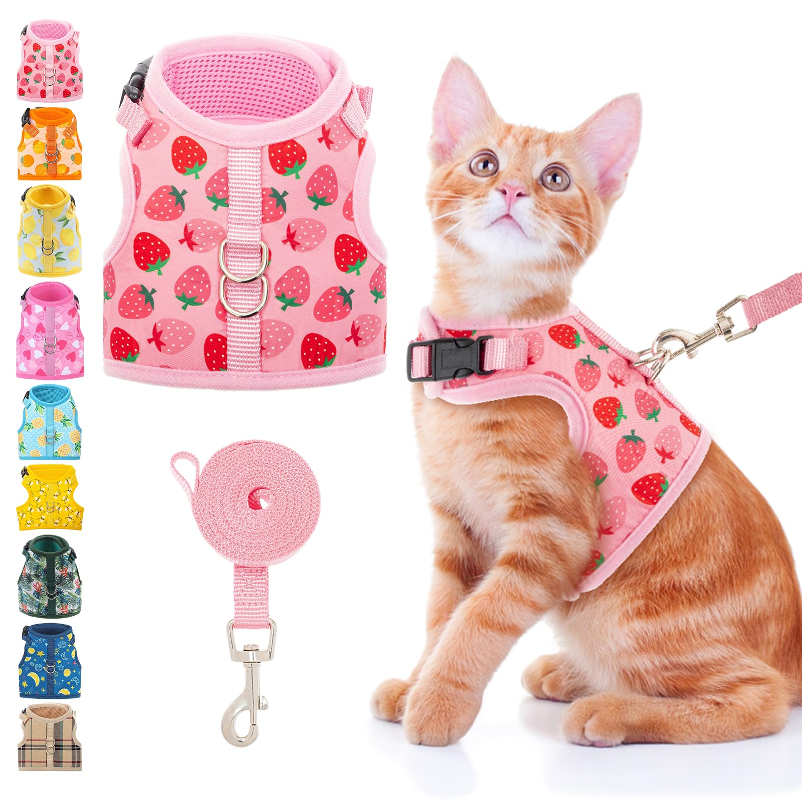 BINGPET Cat Harness with Lead Set, Escape Proof Kitten Harness with Leash, Cute Lightweight Mesh Cat Dog Walking Harness Leads, Adjustable Vest for Kitties Puppies Small Animals