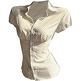 SweatyRocks Women's Short Sleeve Button Down Slim Fit Y2K Polka Dots Print Shirt Top Blouses