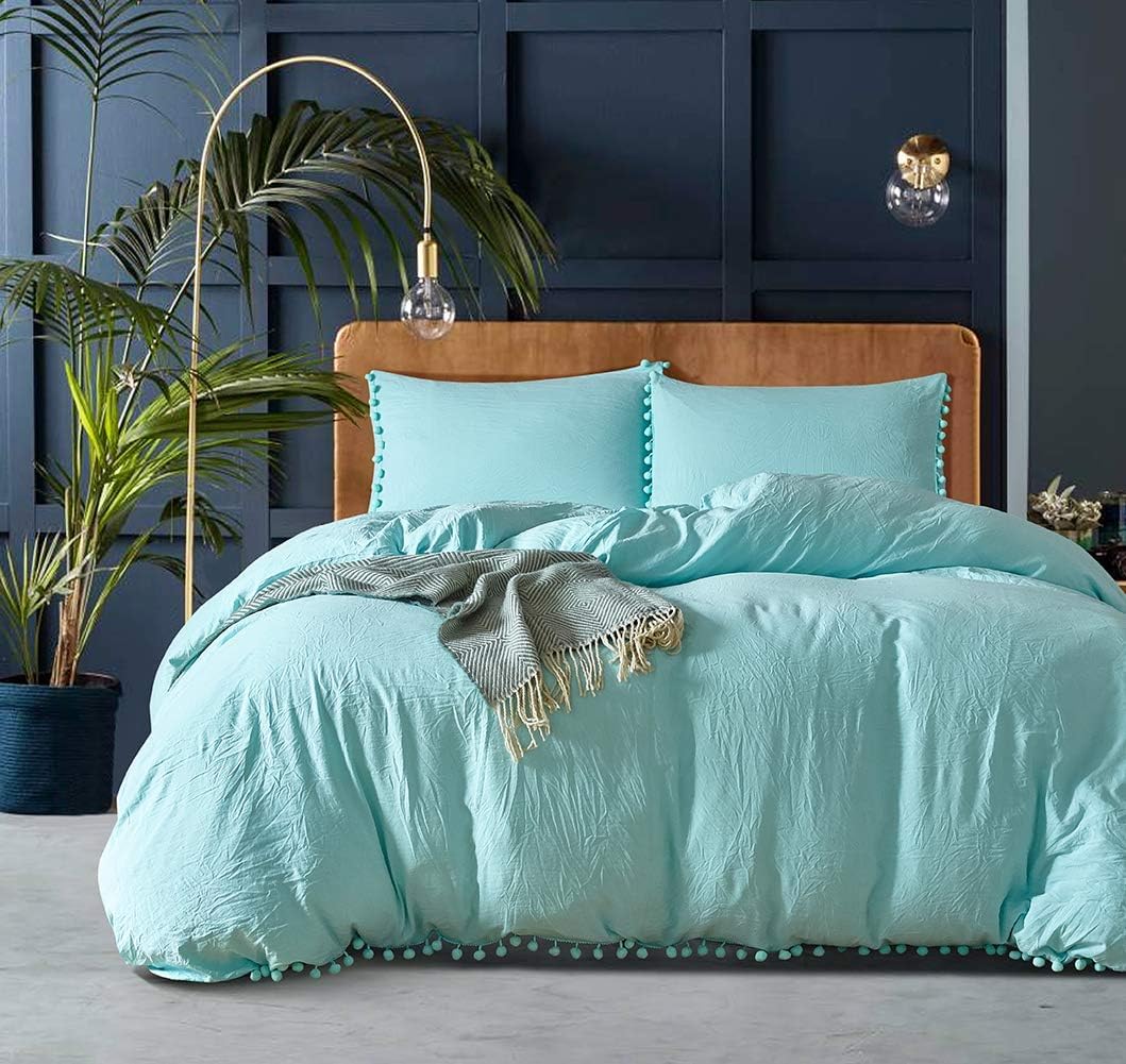 TCXZTYJH Tassel Duvet Cover King Size Plain 3 Piece Reversible Bedding Set Light Blue with Fringe Edge Reversible Anti Allergy