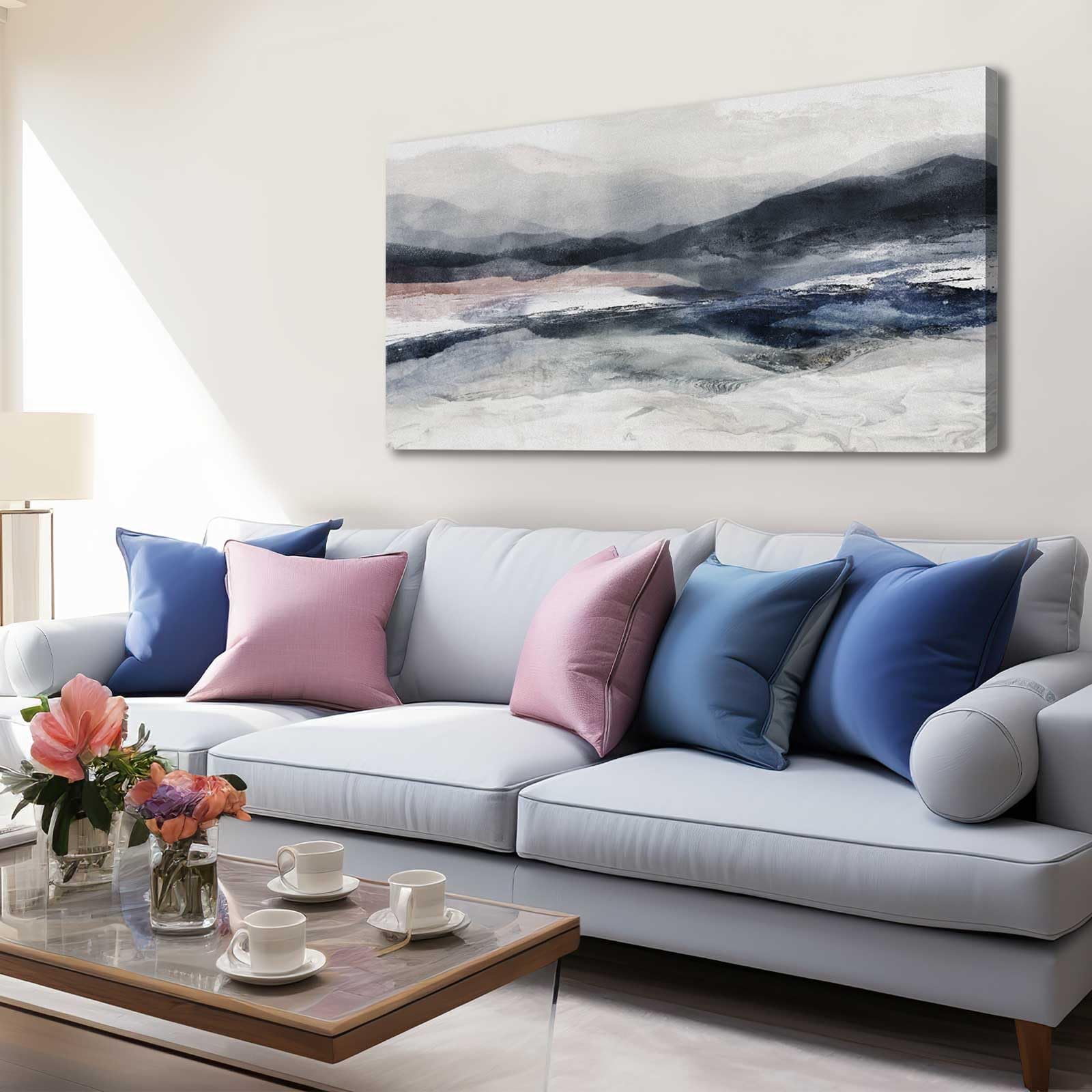 Abstract Wall Art Modern Grey Picture Mountains Painting Blue Large Artwork for Living Room Home