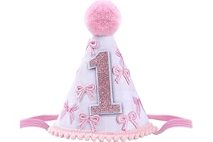 Lovarywow Pink Bow 1st Birthday Hat, Coquete 1st Birthday Decorations for Baby Girls, First Birthday Pink Bow and White Cone Hat Decor Supplies Pink Bow Birthday Photo Prop