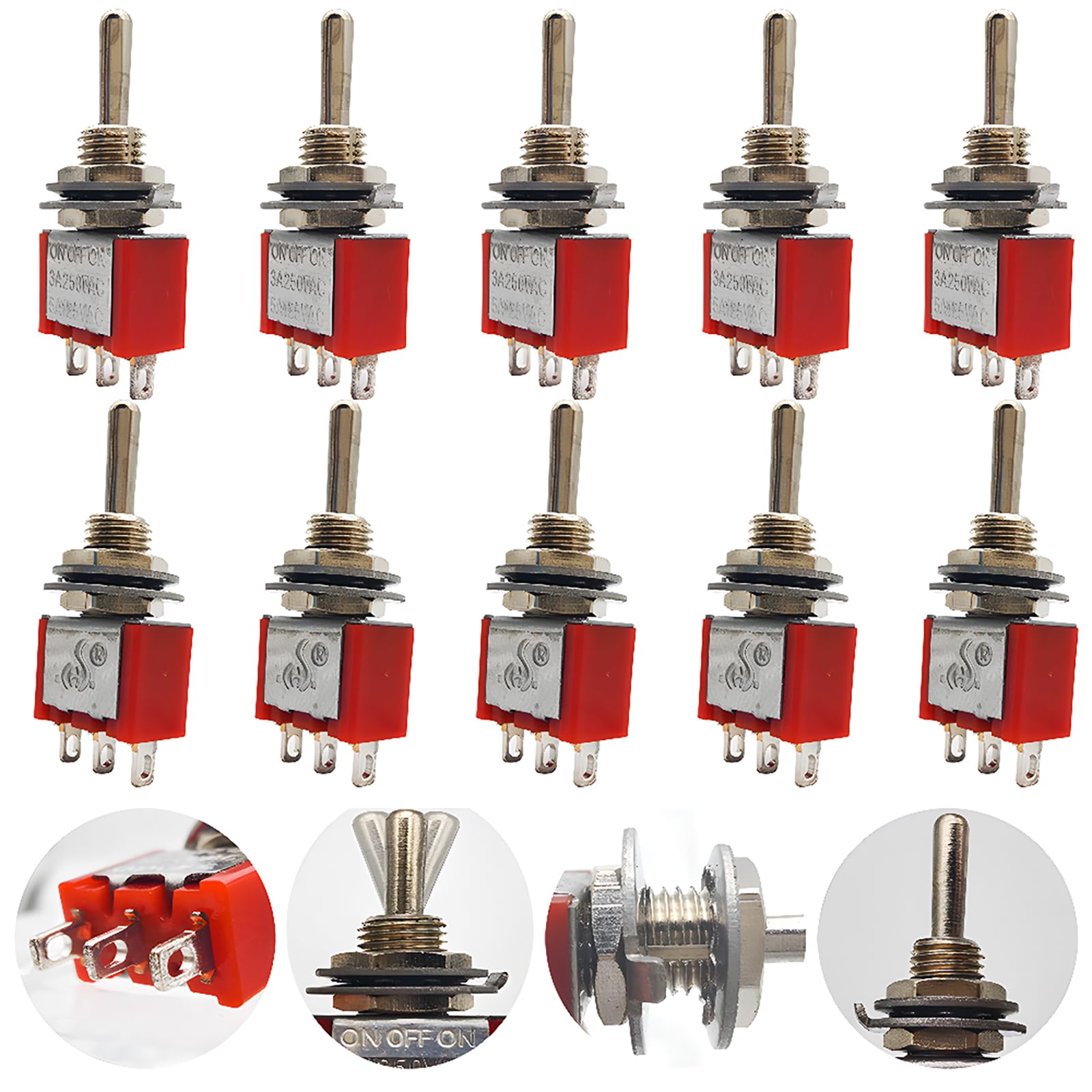 CESFONJER Mini Toggle Switch, AC 125V 6A / 250V 2A 3 Pin SPDT ON-Off-ON Locking Toggle Switch Car Boat Switches and for Arduino (Red 10 Pcs)