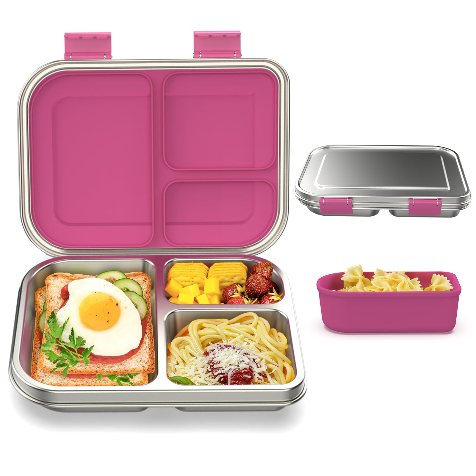 Photo 1 of BABHAMNESS Stainless Steel Bento Box Kids, 3 Compartments Leak Proof Metal Bento Lunch Box, 304 Stainless Steel Bento Lunch Containers for School and Office,Dishwasher Safe, BPA-Free-Pink