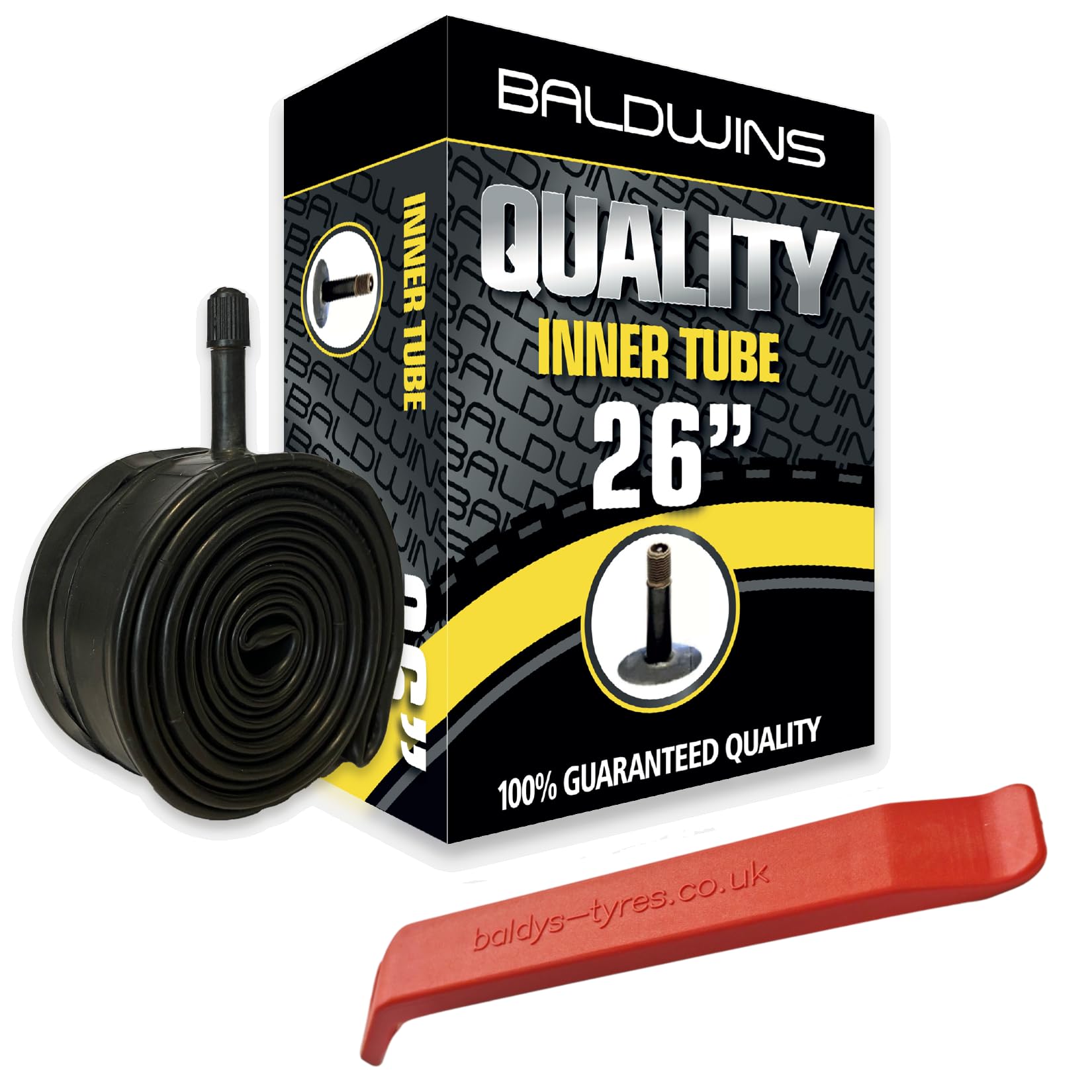 Baldwins Bike Inner Tube 26 x 1.75 to 2.125 Schrader Valve & BALDY'S TYRE LEVER