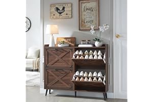 Barnyatoh Shoe Storage Cabinet,Farmhouse Shoe Organizer with 4 Flip Drawers & Barn Door Design,Freestanding Hidden Slim Narrow Shoe Rack Cabinet for Entryway,Foyer,Hallway,Walnut