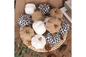DMITER 12 Pcs Mixed Artificial Pumpkins - Paintable White, Burlap, and Plaid Fabric Faux Fake Pumpkins for Fall Harvest, Thanksgiving, Halloween Decor - Perfect for DIY, Indoor Outdoor Decoration