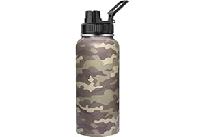 HAZLGET 32 Oz Camo Sports Water Bottle, 18/8 Wall Vacuum Insulated Stainless Steel Tumbler with Straw Lid & Spout Lid, Leak Proof, BPA Free
