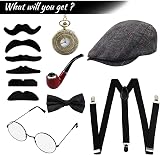 Grantop 1920s Gatsby Mens Costume Kit Panama Hat Suspenders Pocket Watch view 6
