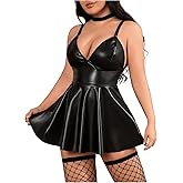 MakeMeChic Women's Plus Size 3 Piece Lingerie Set PU Leather Pleated Mini Dress Choker Thongs Sets
