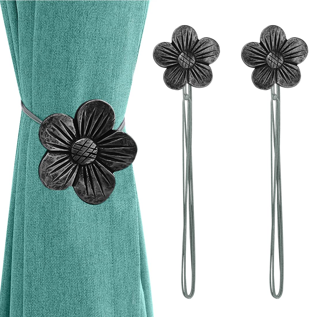 Lewondr Vintage Magnetic Curtain Tieback, 1 Pair Resin Flower Curtain Drapery Holdback Window Curtain Decorative Buckle Holder for Home Cafe Balcony - Ink