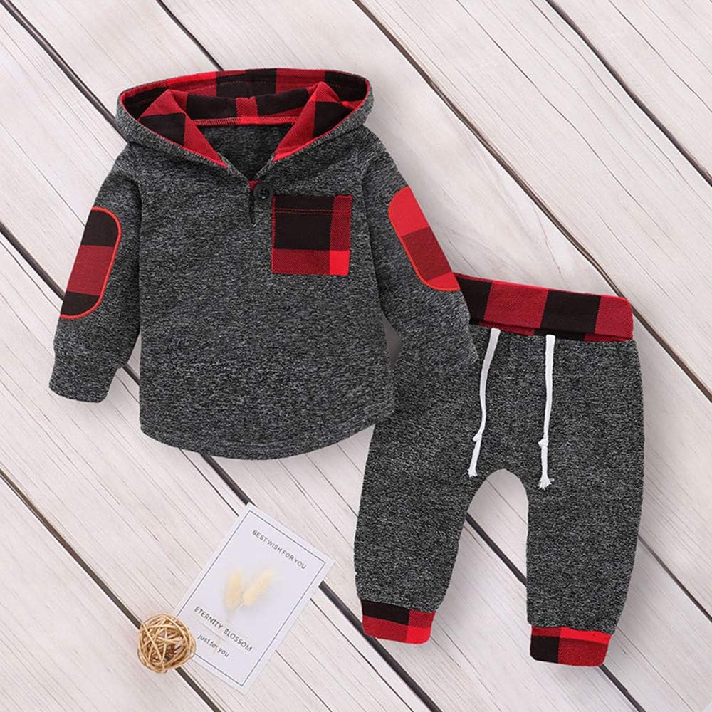 Infant Toddler Boys Girls Sweatshirt Set Winter Fall Clothes Outfit 0-3 Years Old, Baby Plaid Hooded Tops Pants: Clothing