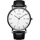 BUREI Men Watches Brown Leather Fashion Minimalist Wrist Watch Simple Ultra Thin Waterproof Quartz Watches All Black Stainless Steel Mesh Band,Gift for Men Women