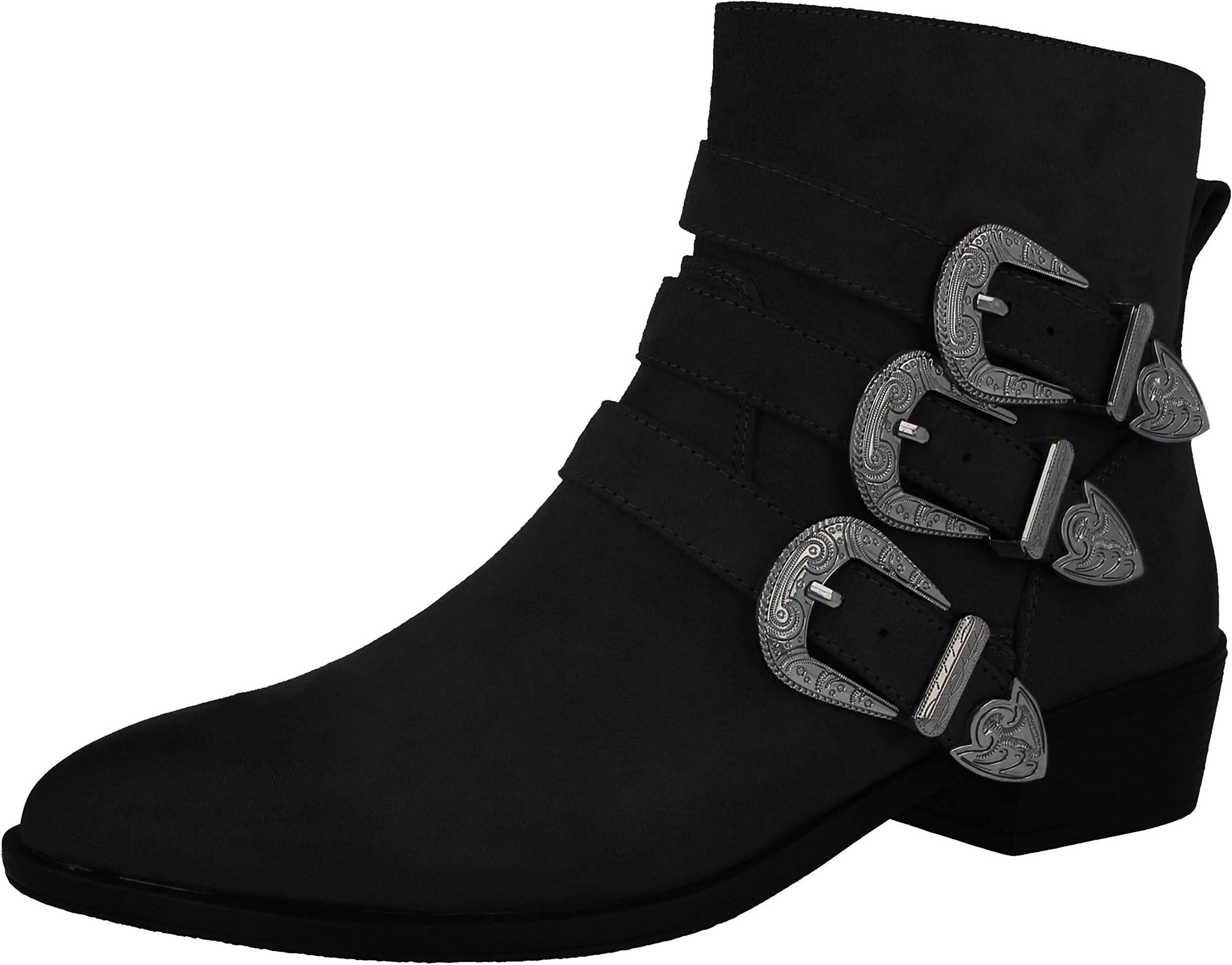 Ladies Faux Suede Triple Western Buckle Fashion Mid Block Heel Pointed Toe Cowboy Chelsea Ankle Boots Size 3-8