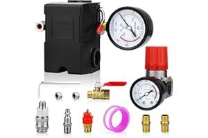 FBANG Air Compressor Pressure Switch Control Valve 135-175 PSI，Horizontal 4-way Switch with Pressure Regulator and Pressure Gauge, Air Compressor Replacement Parts 110V-240V