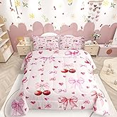 Erosebridal Cherry Bow Bedding Set for Girls Coquette Comforter,Pink Ribbon Bows Bedding Sets for Kawaii Princess Style Twin Bed Set Romantic Bowknot Quilt Insert Dreamy Aesthetic Kawaii Room Decor