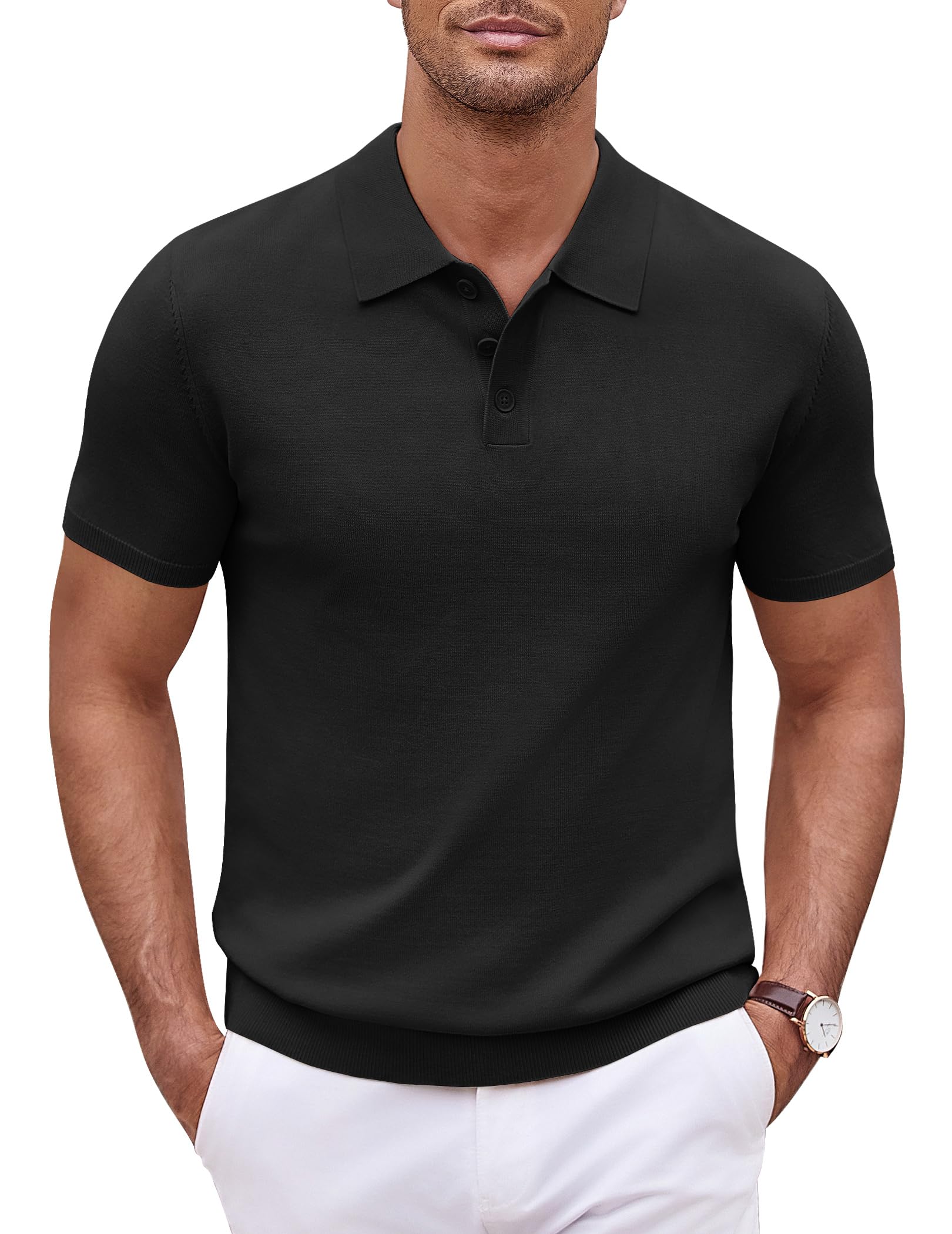 COOFANDY Poloshirt für Herren Classic Kurzarm Strick Sommer Sport Polo Tees Freizeit Golf Tennis Oberteile Schwarz L