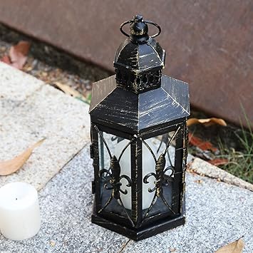 Lewondr Laterne Kerzenhalter Klein Grosse Antik Franzosisch Stil Metall Windlicht Mit Henkel Und Transparent Glas Iris Blume Muster Deko Laternen Fur Wohnung Garten Weihnachten Vintage Schwarz Amazon De Kuche Haushalt