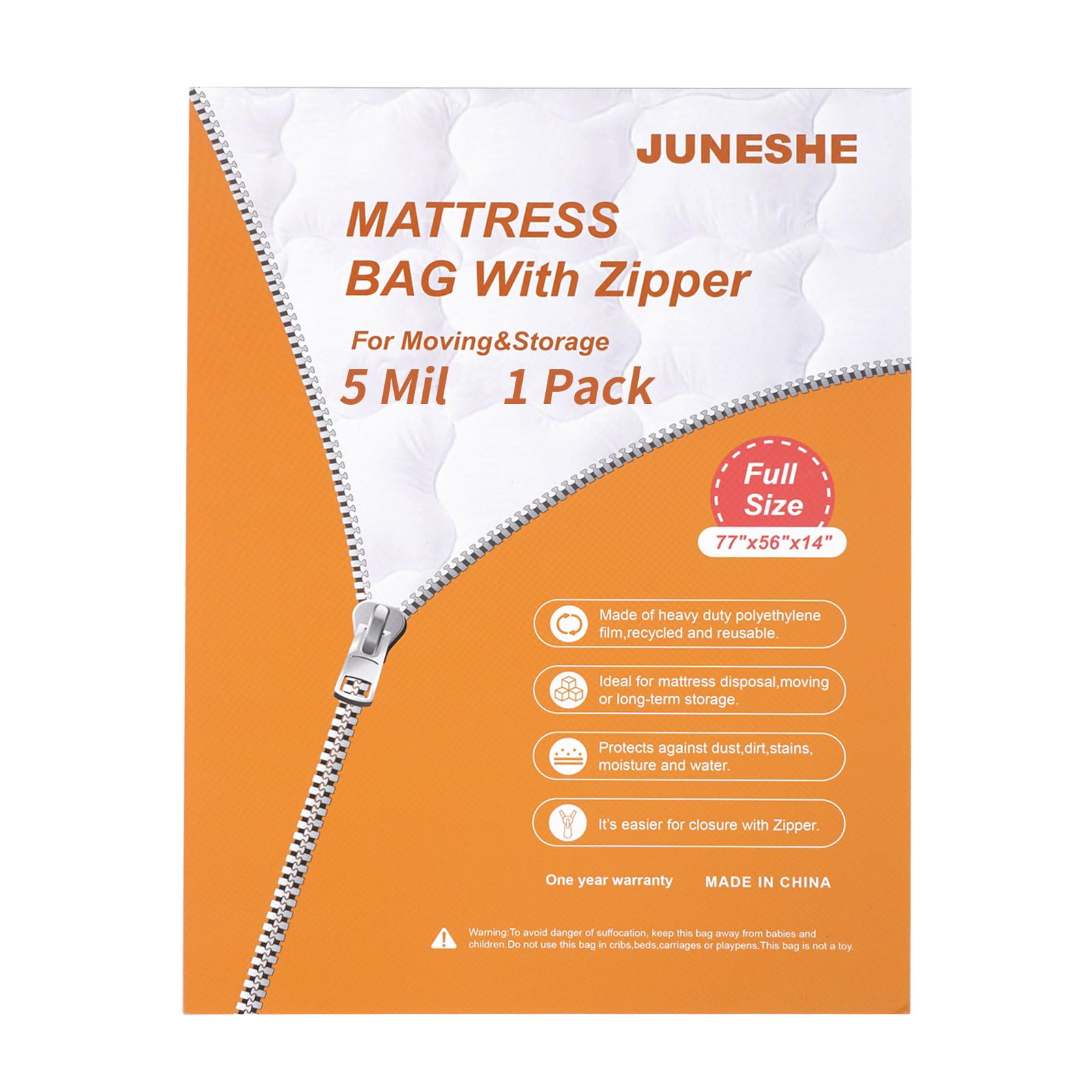 Photo 1 of (PARTIAL SET) (BAGGED) JUNESHE Full Mattress Bag for Moving and Storage Cover -5 Mil Zipper Plastic Waterproof Mattress Storage Bag,77x56x14 inches,1 Pack