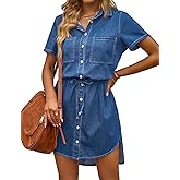 luvamia Women Casual Denim Dress Short Sleeve Tie Waist Classic Jean Shirt Dress