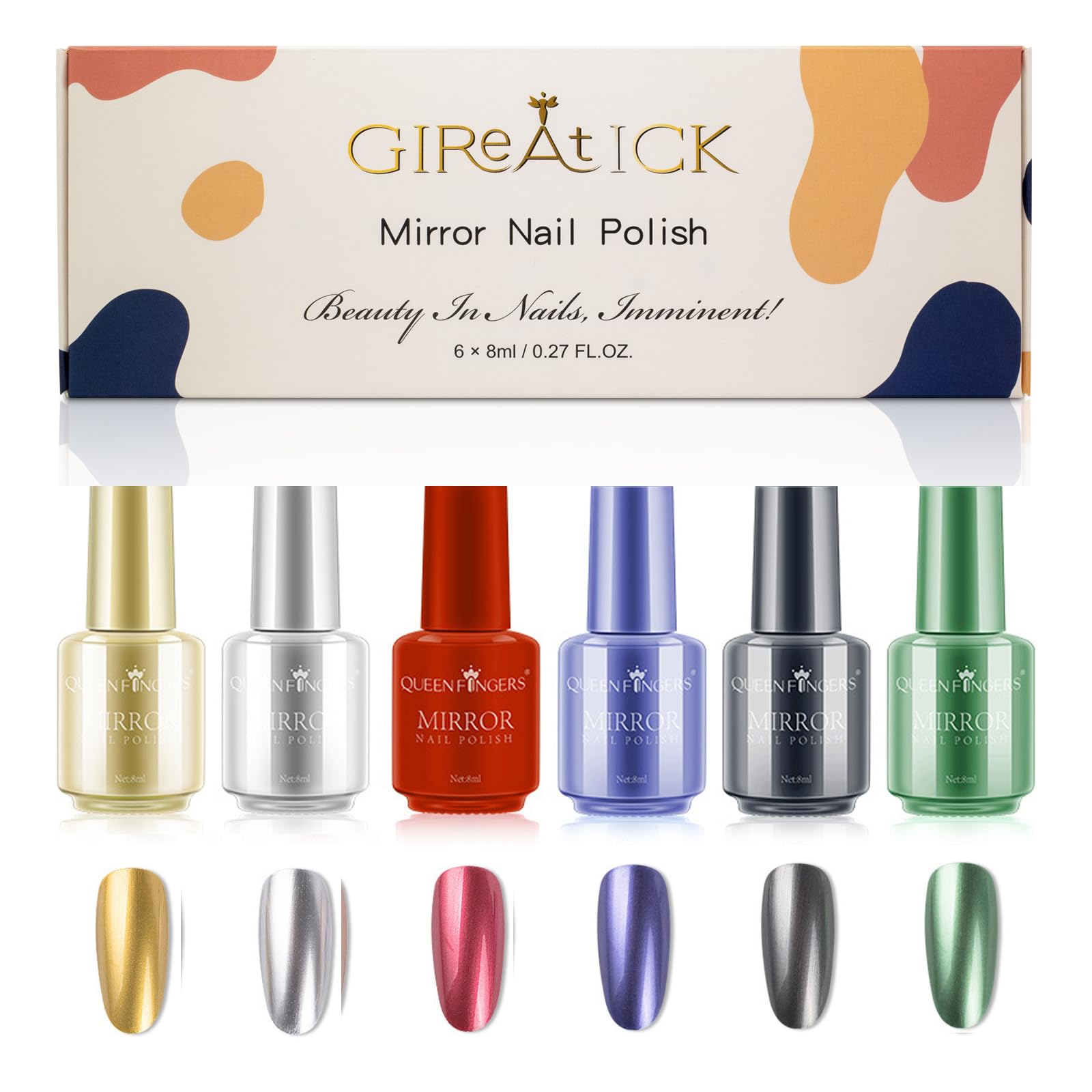 Gireatick 6 colors Metallic Nail Polish, Magic Semi-Mirror Effect Long Lasting Nail Varnish 6pcs (B, 6 count (Pack of 1))