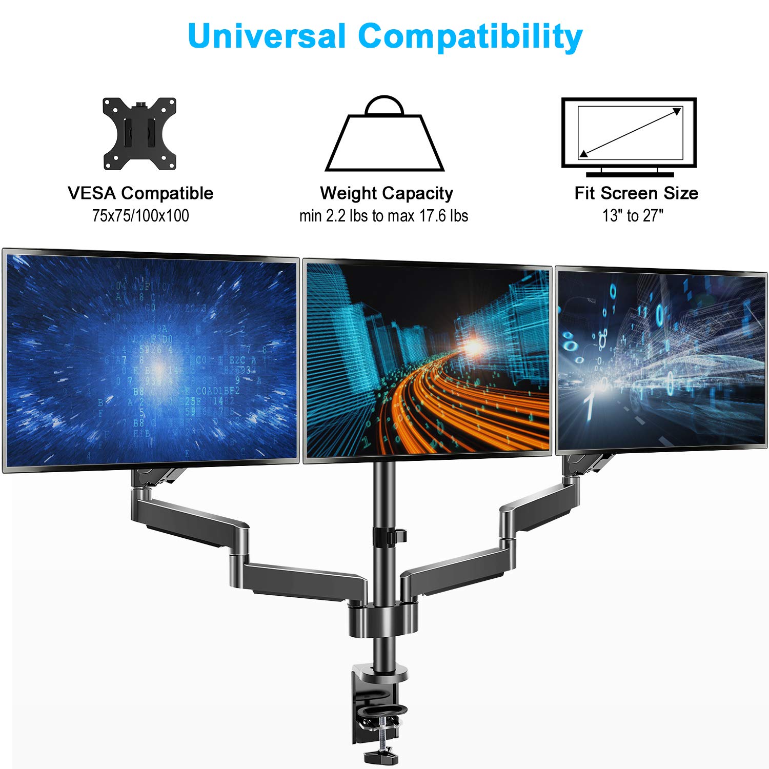 MOUNTPRO Triple Monitor Desk Mount - Articulating Gas Spring Monitor Arm, Removable VESA Mount Desk Stand with Clamp and Grommet Base - Fits 13 to 27 Inch LCD Computer Monitors, VESA 75x75, 100x100
