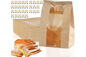 RARAPOP Paper Bread Bags - 30 Pack - Homemade Bread Storage Bags with Clear Window Includes Label Seal Stickers -Bakery Packaging Bags for Cookies, Bread, and Treats - Large Kraft 13.7x8.2x3.5inch Brown