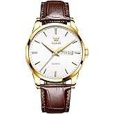 QBAIZI Men's Casual Leather Watch, Easy to Read Three-Hand Analog Stainless Steel Watches for Men, Minimalist Day Date Waterproof Luminous Mens Quartz Wristwatch