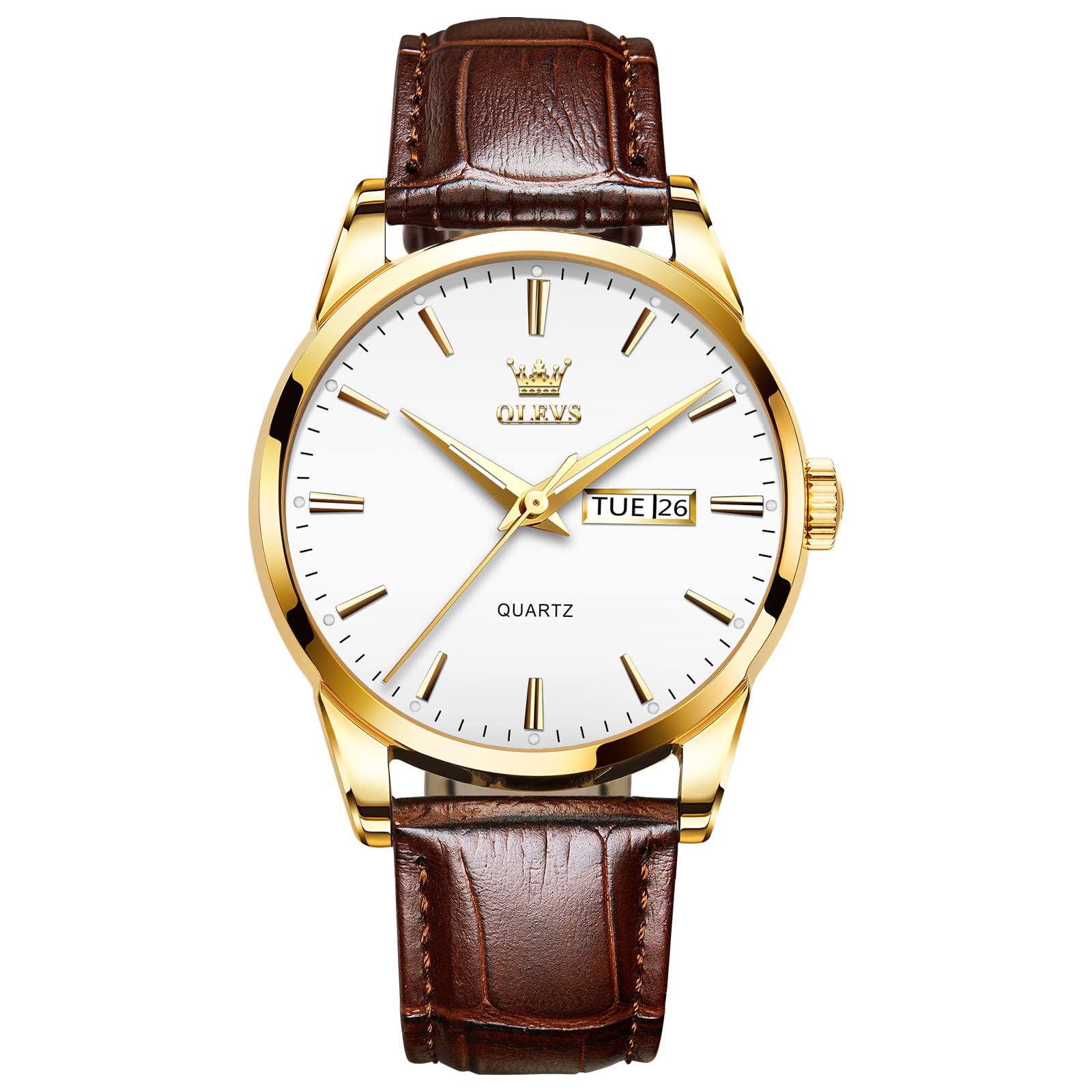 Photo 1 of QBAIZI Gold and White Watch for Men Brown Leather Watches Elegant Three Hands Date Day Analog Mens Dress Watch Classic Easy to Read Water Resistant Quartz Men's Wrist Watches Relojes De Hombres