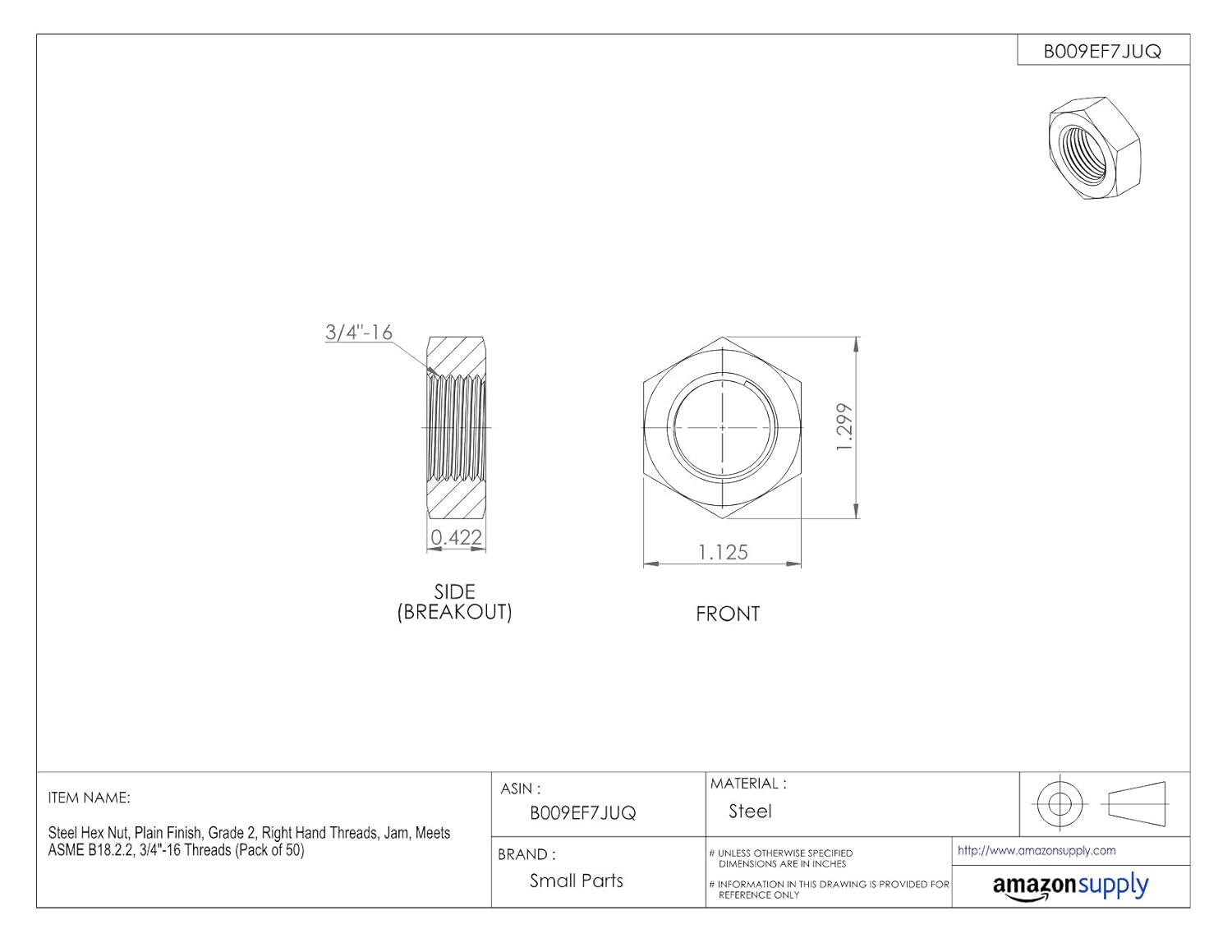 27/64 Thick 3/416 Thread Size 11/8 Width Across Flats 27/64 Thick Steel Hex Jam Nut Pack of 50