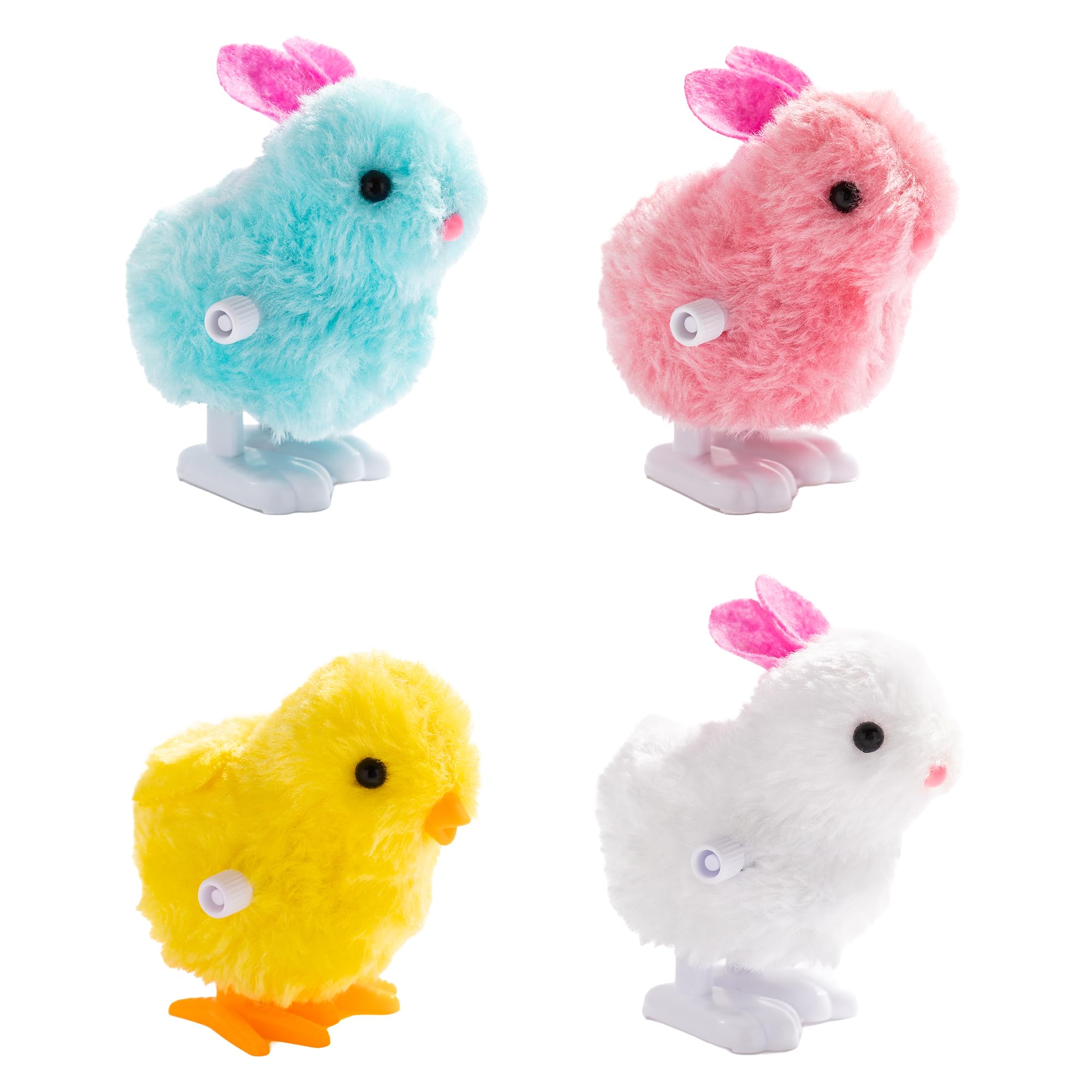Cool Things Corp Wind-Up Easter Toys for Kids, 4-Pack Chick & Bunny Plush Wind Up Animals, Non-Candy Classroom Exchange Toys, Easter Basket Stuffers, Spring Party Favor Wind Up Toy Set