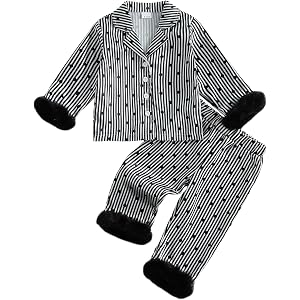 Kuriozud Toddler Little Girl Pajamas Fur Cuffs Dot Striped Tops Pants Set | Toddler Girl Pajamas Feather Trim Dots Bow Button